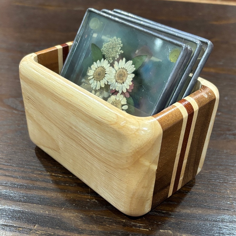 Wooden Striped Coaster Holder with Pressed Flower Coasters (set of 4)